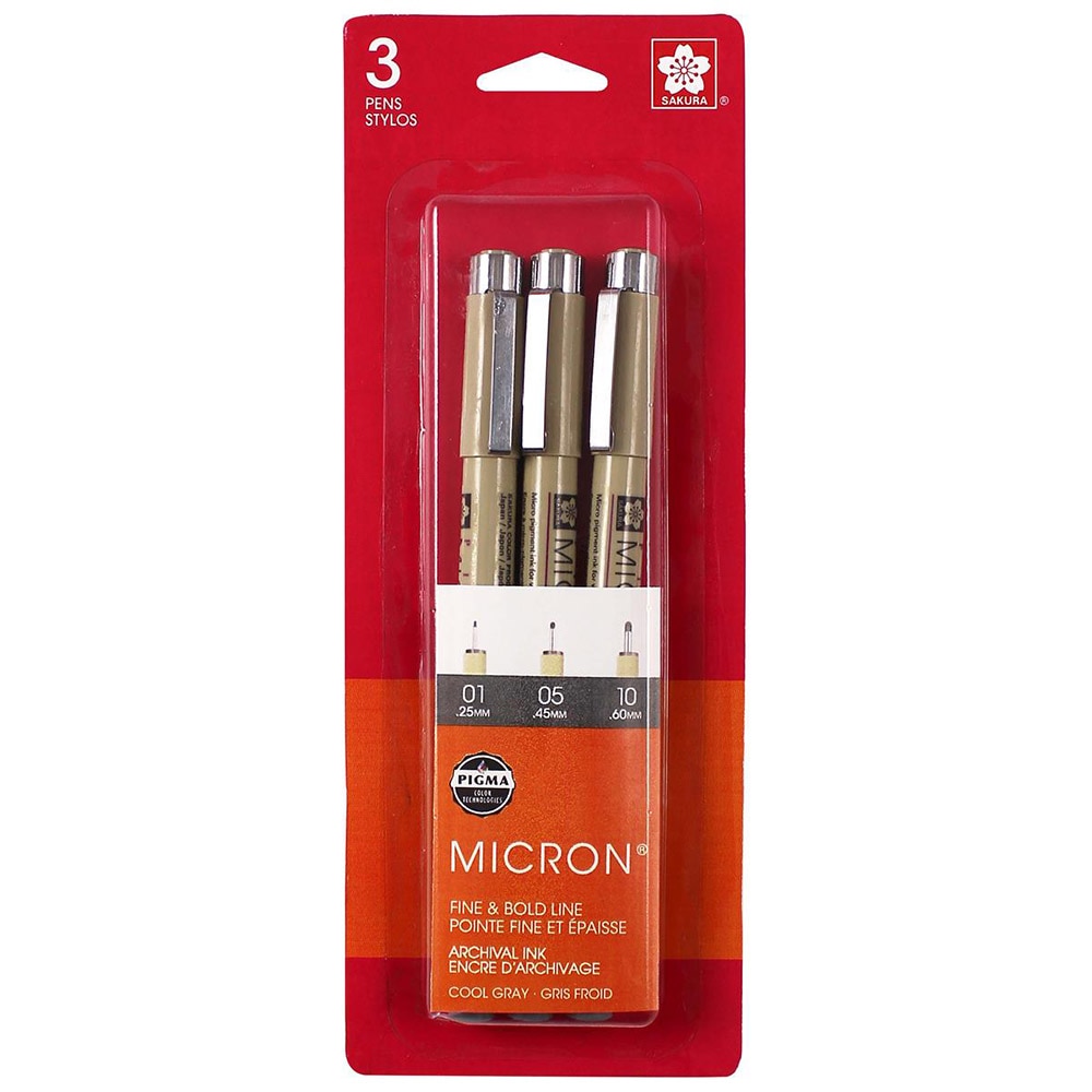 Sakura, Grey, Pen & Pencil Sets, Art & School, Pigma, Micron, Cool, 3 set, 0.25, 0.40, 0.60, 584329
